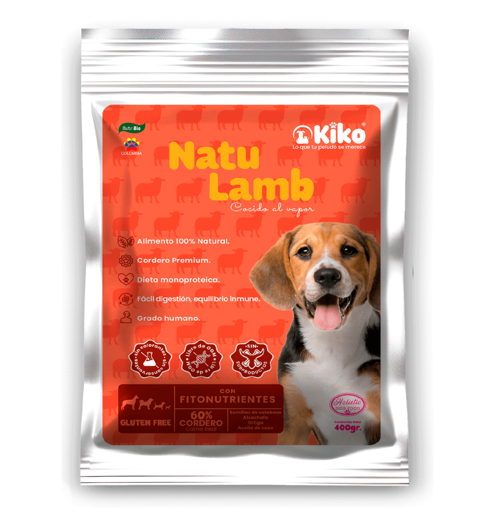 Natu Lamb KIKO, alimento húmedo natural para perros cocido al vapor, elaborado con cordero premium, dieta monoproteica, fácil digestión y equilibrio inmune.