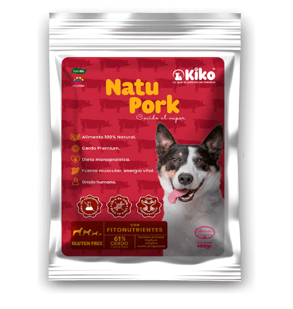 Natu Pork KIKO, alimento húmedo natural para perros cocido al vapor, elaborado con 61% carne magra de cerdo premium, dieta monoproteica, sin conservantes ni subproductos.